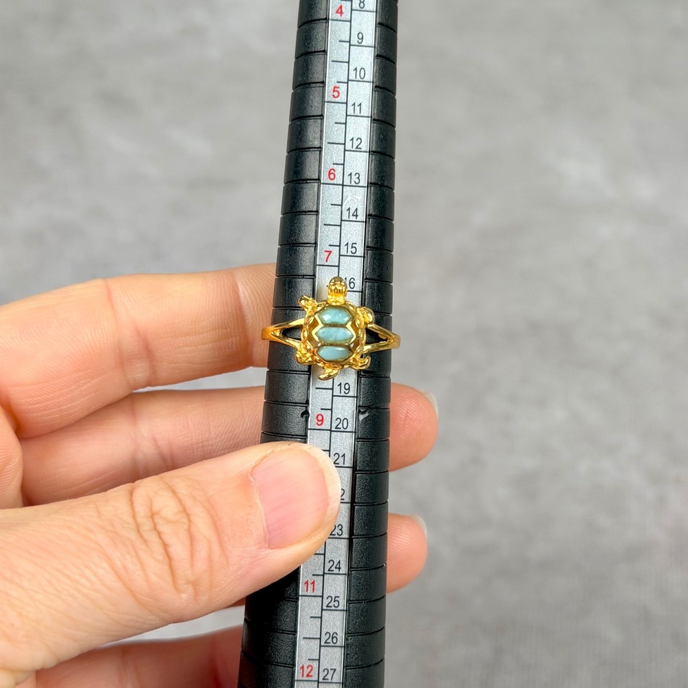 Gold Over Sterling Silver Larimar Turtle Ring Size 8 Blue Stone Coastal Jewelry